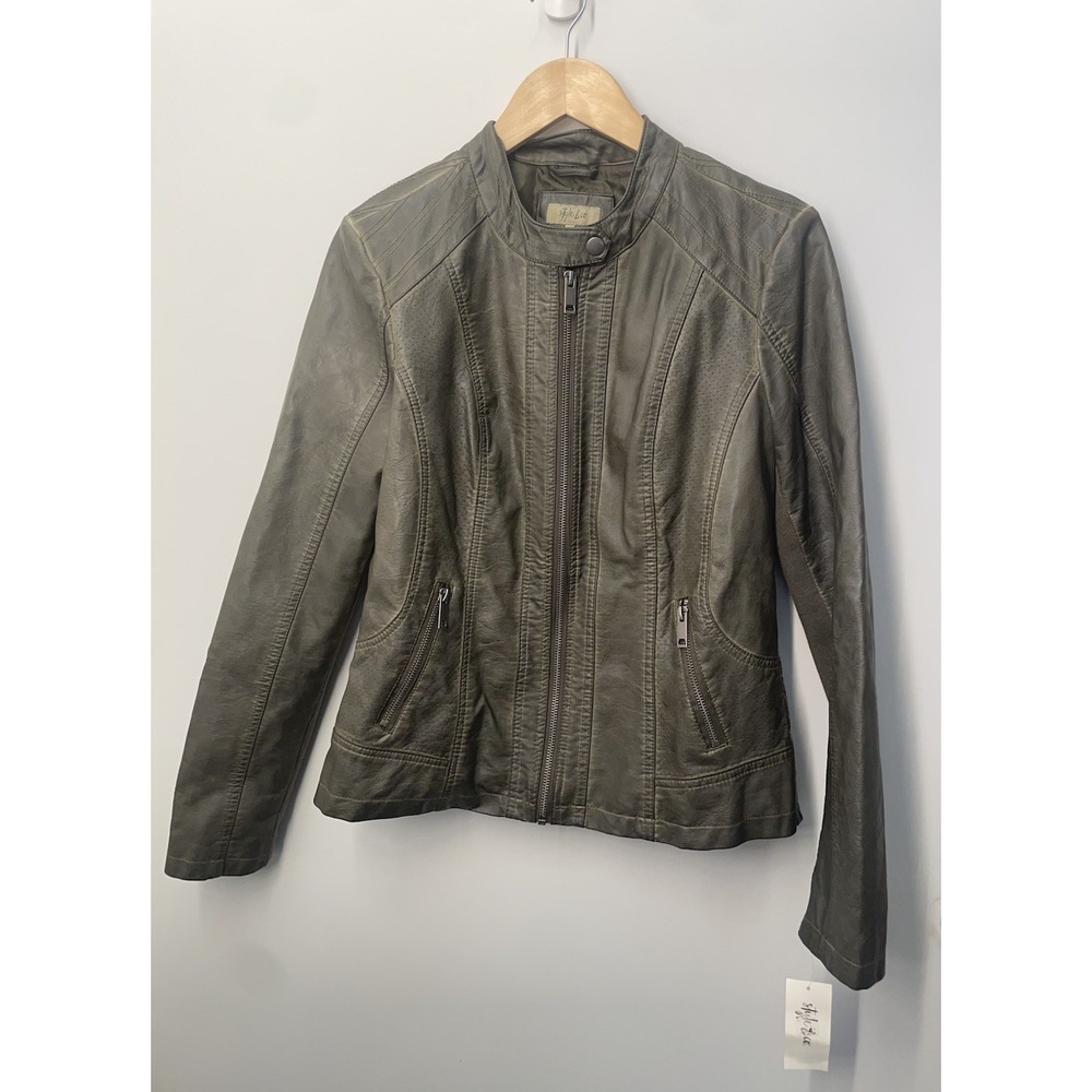 Style & Co Women's Faux Leather Jacket Size Small Green Moto Ribbed Panels NEW